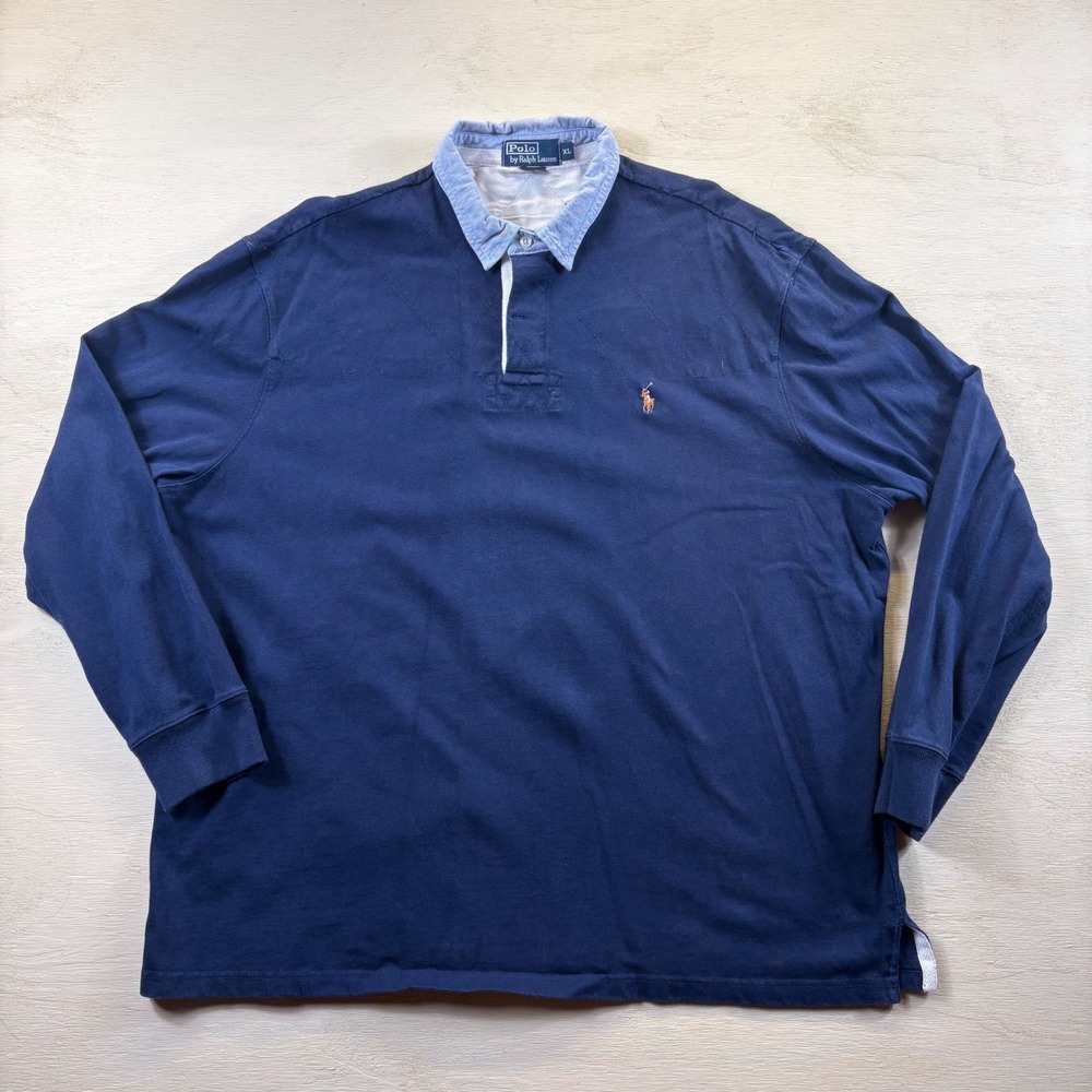 Vintage Polo Ralph Lauren Mens XL Blue Quilted Shoulder Long Sleeve Rugby Shirt